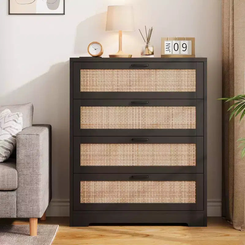 Modern Tall Rattan 4 Drawer Dresser or Living Room, Hallway, Entryway, Bedroom
