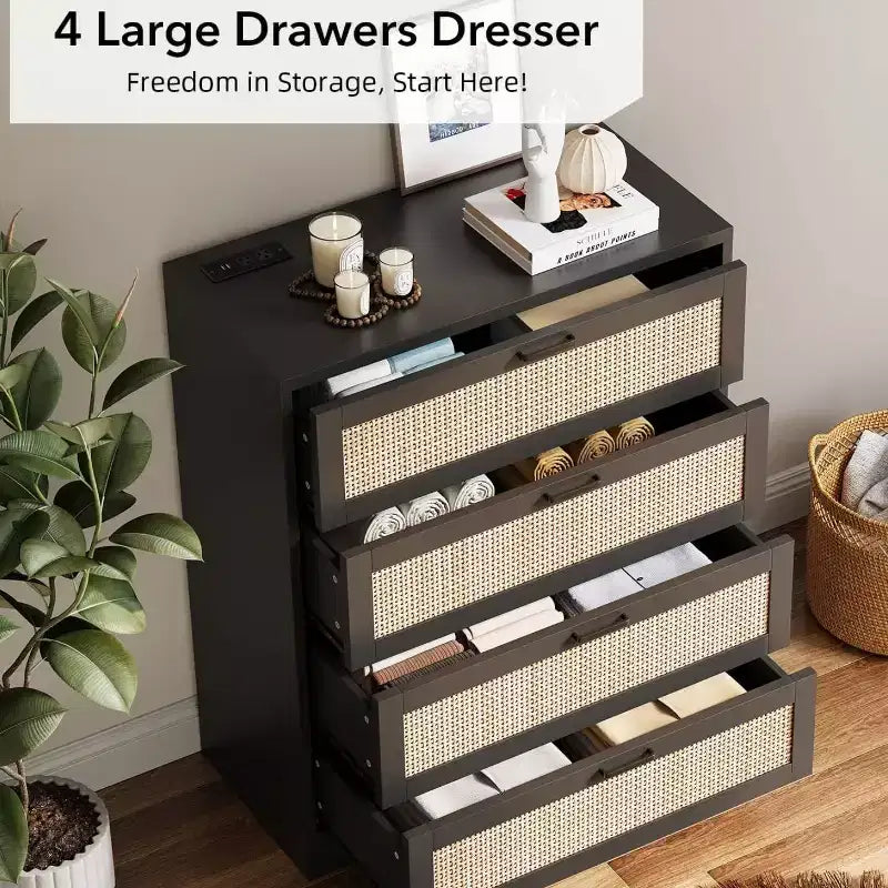 Modern Tall Rattan 4 Drawer Dresser or Living Room, Hallway, Entryway, Bedroom