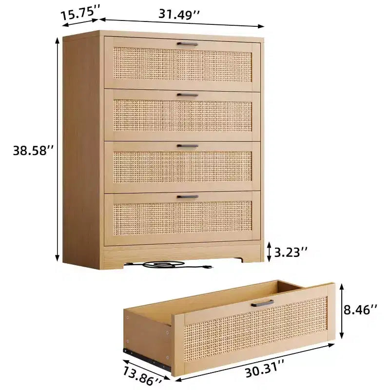 Modern Tall Rattan 4 Drawer Dresser or Living Room, Hallway, Entryway, Bedroom
