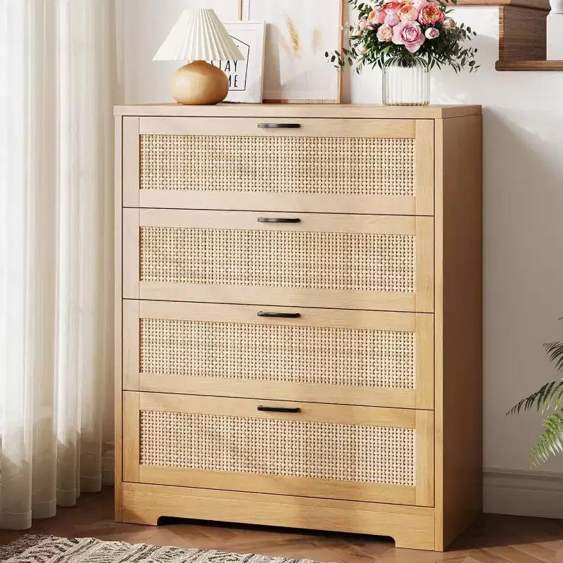 Modern Tall Rattan 4 Drawer Dresser or Living Room, Hallway, Entryway, Bedroom