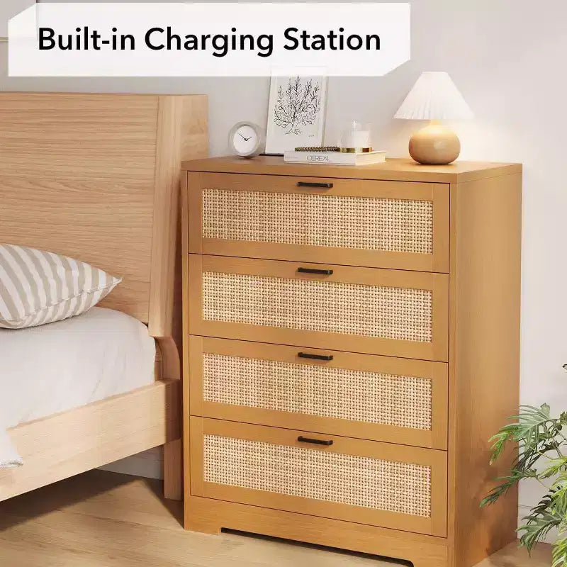 Modern Tall Rattan 4 Drawer Dresser or Living Room, Hallway, Entryway, Bedroom