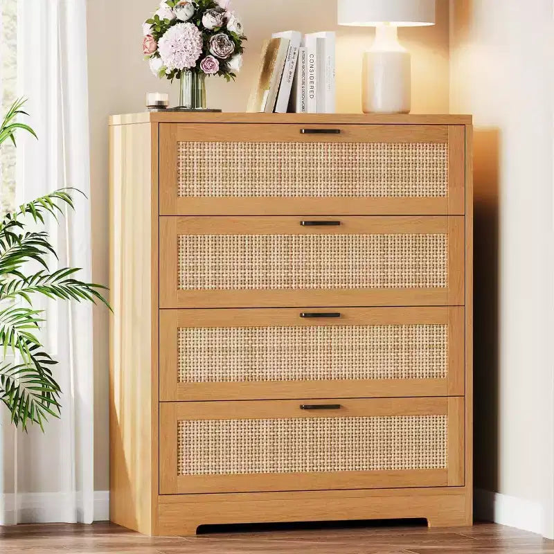 Modern Tall Rattan 4 Drawer Dresser or Living Room, Hallway, Entryway, Bedroom