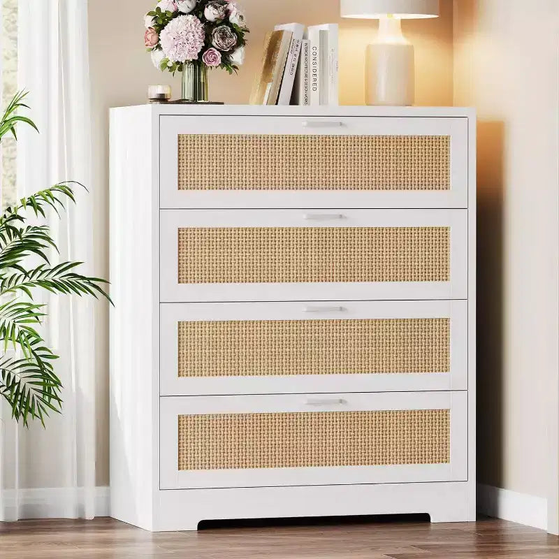 Modern Tall Rattan 4 Drawer Dresser or Living Room, Hallway, Entryway, Bedroom