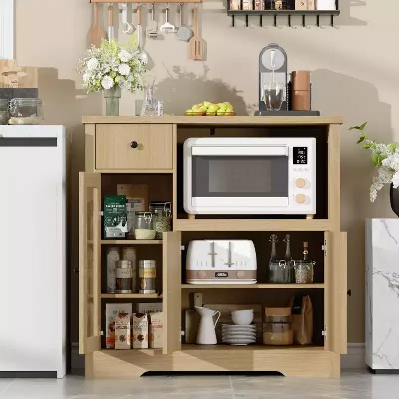 Kitchen Microwave Cabinets with Storage, Buffet Cabinet Sideboard with 3 Doors,1 Drawer and Adjustable Shelves, Pantry Storage Cabinet,Natural?
