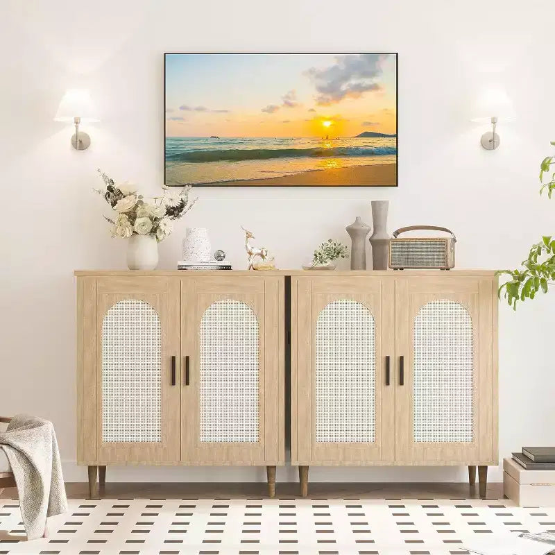 Sideboard Buffet Kitchen Storage Cabinet with Rattan, Solid Wood Feet for Living Room, Hallway