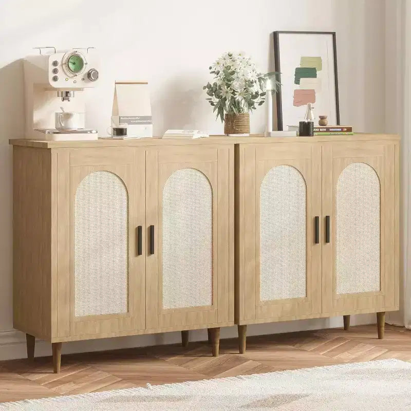 Sideboard Buffet Kitchen Storage Cabinet with Rattan, Solid Wood Feet for Living Room, Hallway