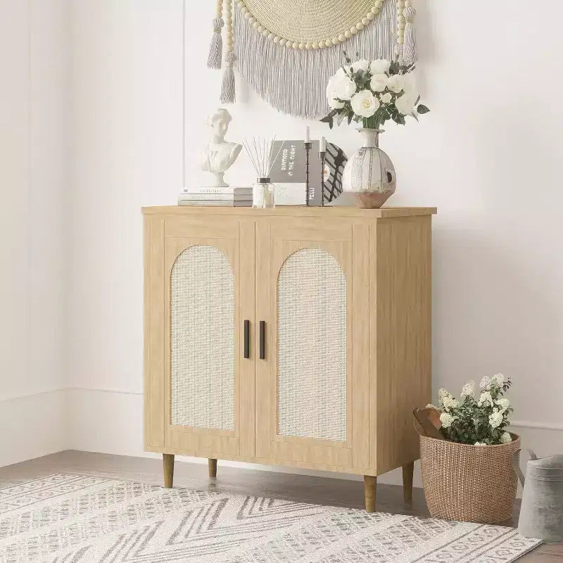 Sideboard Buffet Kitchen Storage Cabinet with Rattan, Solid Wood Feet for Living Room, Hallway