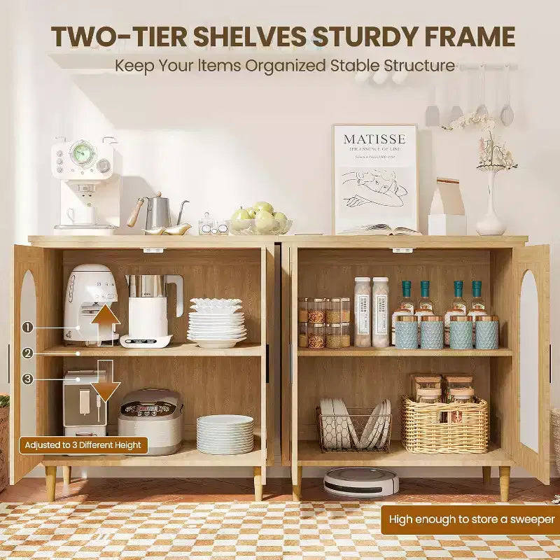 Sideboard Buffet Kitchen Storage Cabinet with Rattan, Solid Wood Feet for Living Room, Hallway