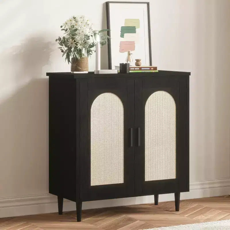Sideboard Buffet Kitchen Storage Cabinet with Rattan, Solid Wood Feet for Living Room, Hallway