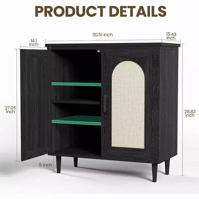 Sideboard Buffet Kitchen Storage Cabinet with Rattan, Solid Wood Feet for Living Room, Hallway