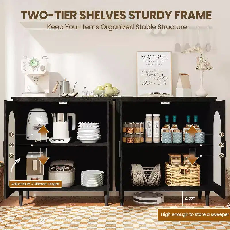Sideboard Buffet Kitchen Storage Cabinet with Rattan, Solid Wood Feet for Living Room, Hallway
