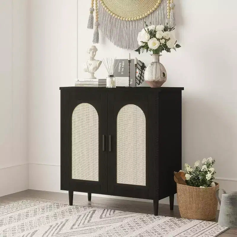 Sideboard Buffet Kitchen Storage Cabinet with Rattan, Solid Wood Feet for Living Room, Hallway