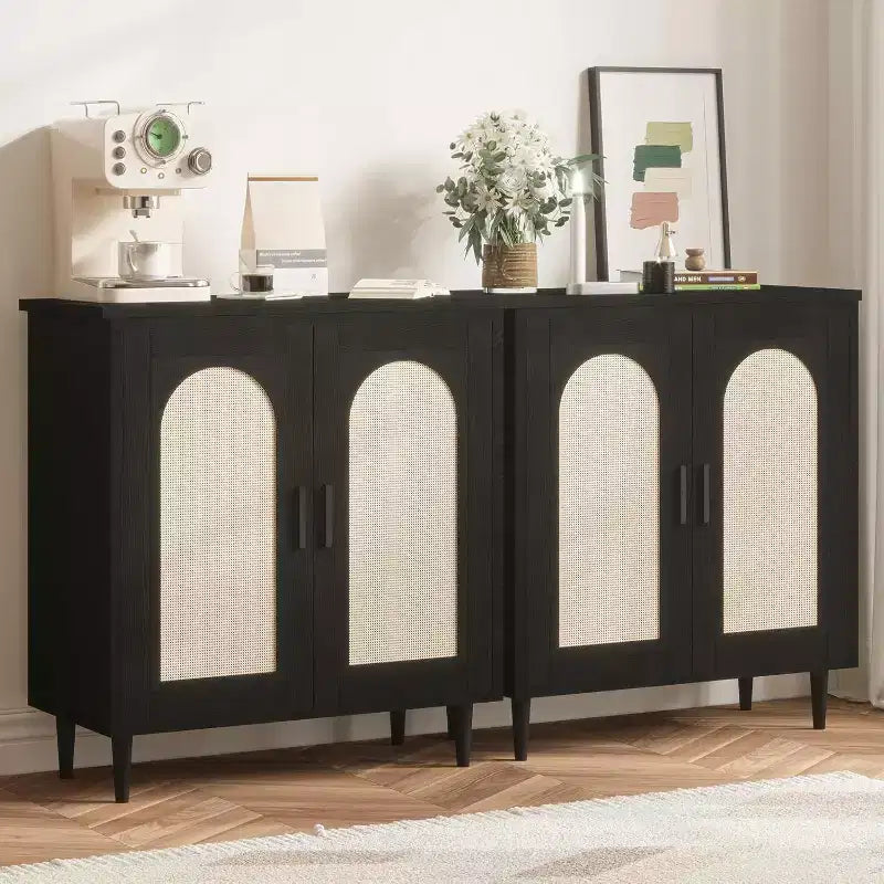 Sideboard Buffet Kitchen Storage Cabinet with Rattan, Solid Wood Feet for Living Room, Hallway