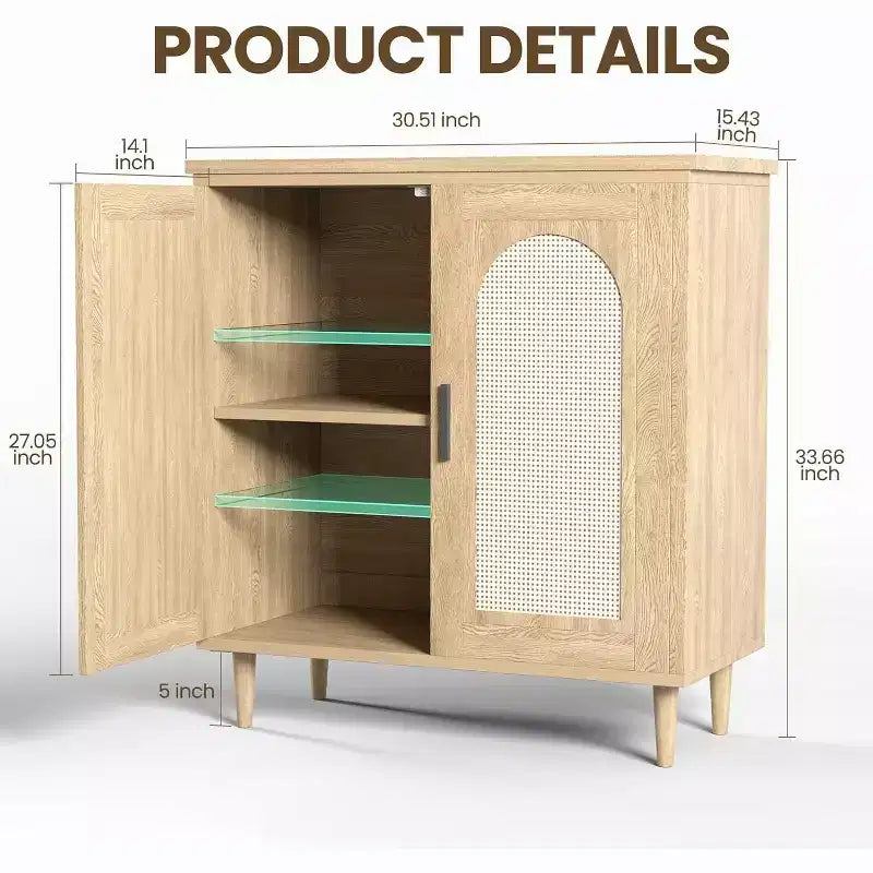 Sideboard Buffet Kitchen Storage Cabinet with Rattan, Solid Wood Feet for Living Room, Hallway