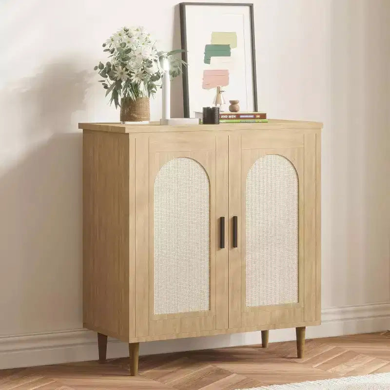 Sideboard Buffet Kitchen Storage Cabinet with Rattan, Solid Wood Feet for Living Room, Hallway