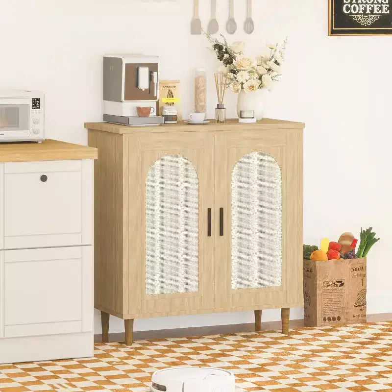 Sideboard Buffet Kitchen Storage Cabinet with Rattan, Solid Wood Feet for Living Room, Hallway