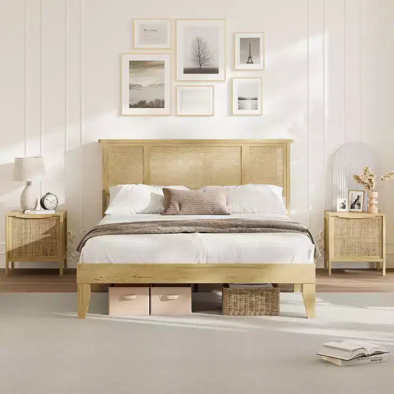 Bed Frame with Natural Rattan Headboard, Wood Platform Beds Strong Wooden Slats, No Box Spring Required, Noise Free, Easy Assembly