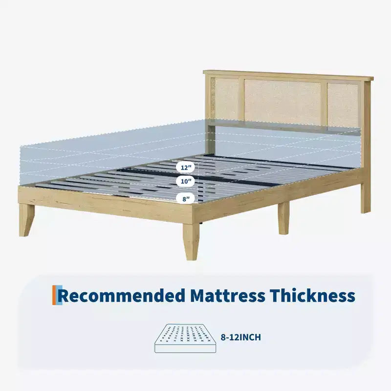 Bed Frame with Natural Rattan Headboard, Wood Platform Beds Strong Wooden Slats, No Box Spring Required, Noise Free, Easy Assembly