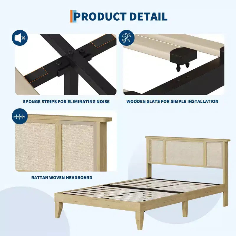 Bed Frame with Natural Rattan Headboard, Wood Platform Beds Strong Wooden Slats, No Box Spring Required, Noise Free, Easy Assembly