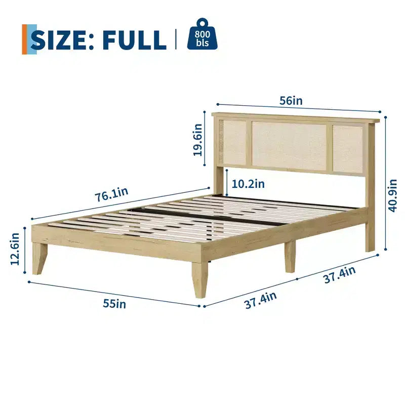 Bed Frame with Natural Rattan Headboard, Wood Platform Beds Strong Wooden Slats, No Box Spring Required, Noise Free, Easy Assembly