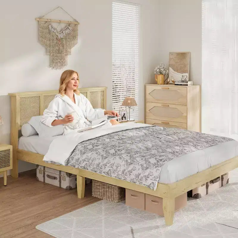 Bed Frame with Natural Rattan Headboard, Wood Platform Beds Strong Wooden Slats, No Box Spring Required, Noise Free, Easy Assembly