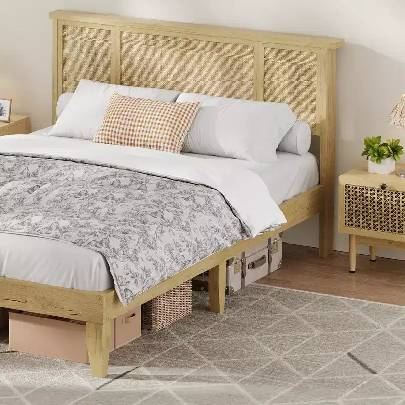 Bed Frame with Natural Rattan Headboard, Wood Platform Beds Strong Wooden Slats, No Box Spring Required, Noise Free, Easy Assembly