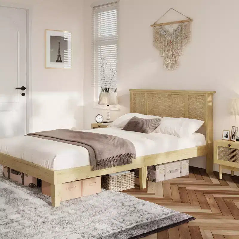 Bed Frame with Natural Rattan Headboard, Wood Platform Beds Strong Wooden Slats, No Box Spring Required, Noise Free, Easy Assembly