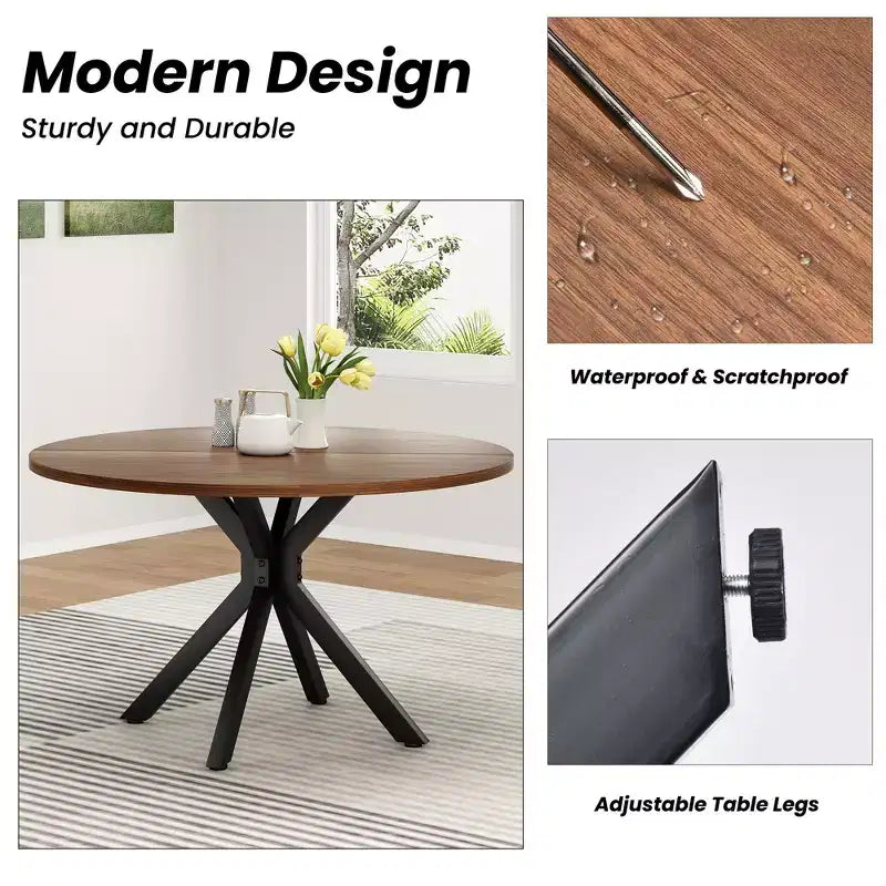 47 Round Dining Table Mid Century Modern Coffee Table for 4-6 Person Farmhouse Table for Kitchen Dining Room Walnut