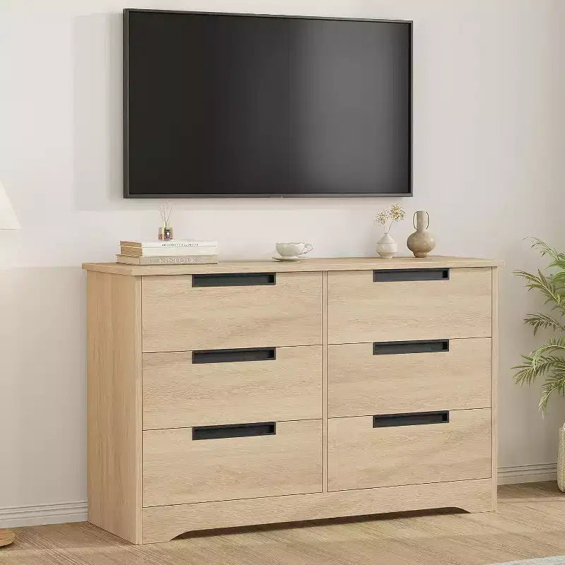 6 Drawer Dresser for Bedroom, 46.8W Wooden Chest of Drawers with Recessed Handles, Clothing Storage Cabinet, Dresser TV Stand for Hallway