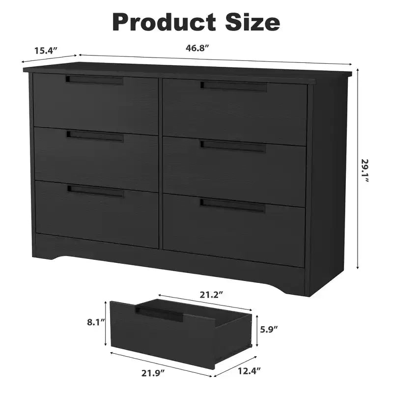 6 Drawer Dresser for Bedroom, 46.8W Wooden Chest of Drawers with Recessed Handles, Clothing Storage Cabinet, Dresser TV Stand for Hallway