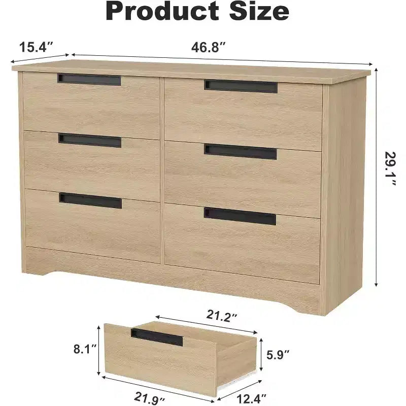 6 Drawer Dresser for Bedroom, 46.8W Wooden Chest of Drawers with Recessed Handles, Clothing Storage Cabinet, Dresser TV Stand for Hallway
