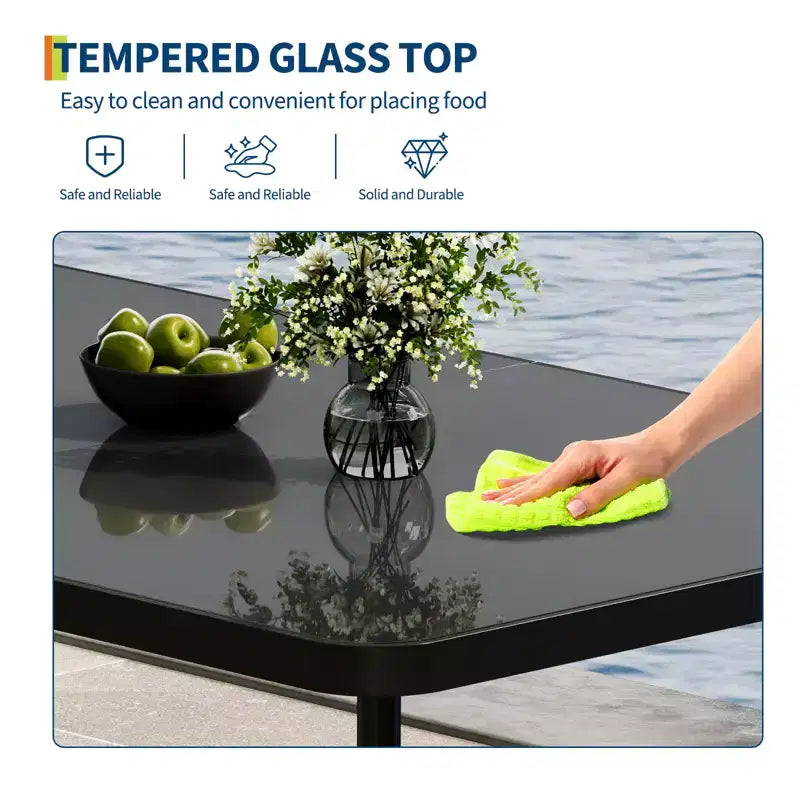 Iron Dining Table - Built-In Tempered Glass Tabletop, Cut-Off Design, Durable Metal Frame, Modern Glass Top Dining Table