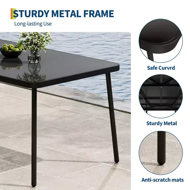 Iron Dining Table - Built-In Tempered Glass Tabletop, Cut-Off Design, Durable Metal Frame, Modern Glass Top Dining Table