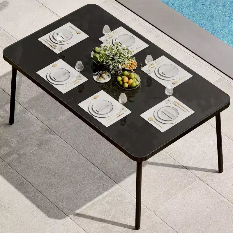 Iron Dining Table - Built-In Tempered Glass Tabletop, Cut-Off Design, Durable Metal Frame, Modern Glass Top Dining Table