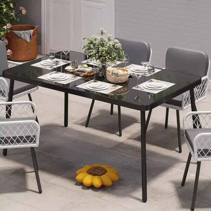 Iron Dining Table - Built-In Tempered Glass Tabletop, Cut-Off Design, Durable Metal Frame, Modern Glass Top Dining Table