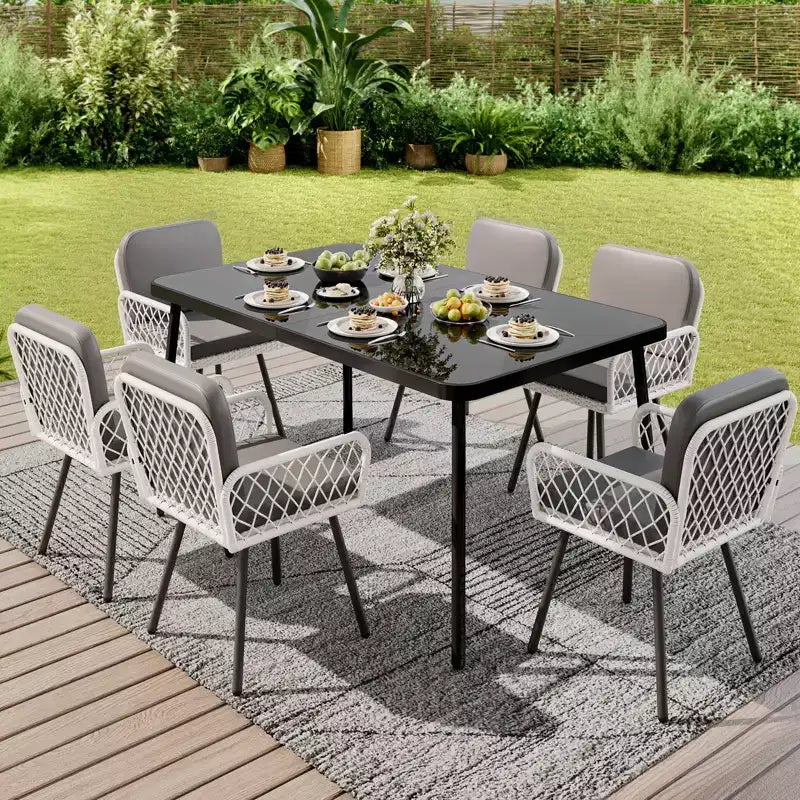 Iron Dining Table - Built-In Tempered Glass Tabletop, Cut-Off Design, Durable Metal Frame, Modern Glass Top Dining Table
