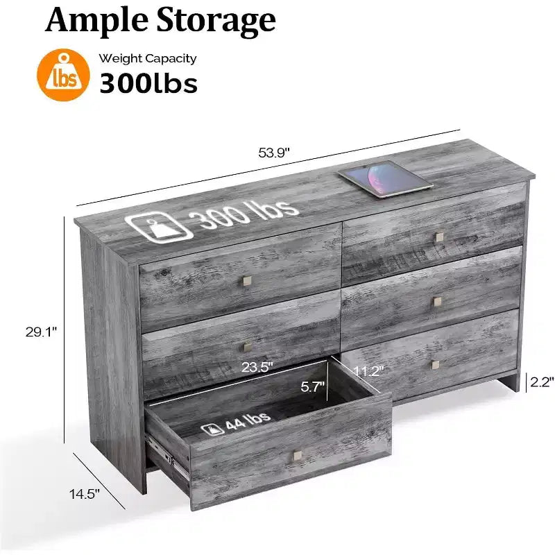 Washed Gray Dresser, 6 Drawer Dresser, 53.9 Long Dresser with Textured Drawer Front, Wood Grey Dresser Chest