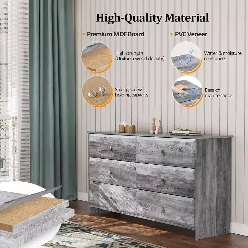 Washed Gray Dresser, 6 Drawer Dresser, 53.9 Long Dresser with Textured Drawer Front, Wood Grey Dresser Chest