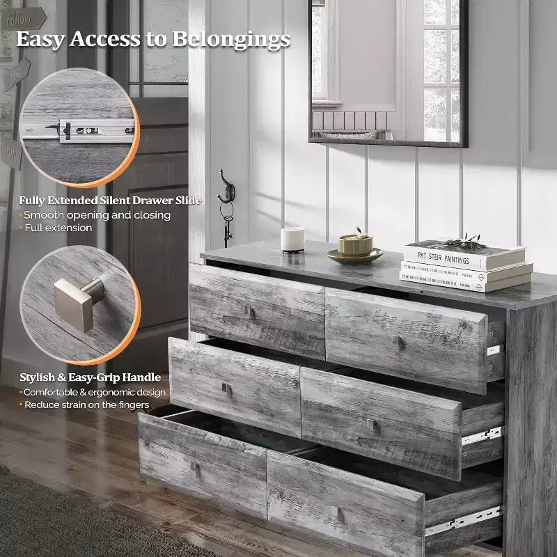 Washed Gray Dresser, 6 Drawer Dresser, 53.9 Long Dresser with Textured Drawer Front, Wood Grey Dresser Chest