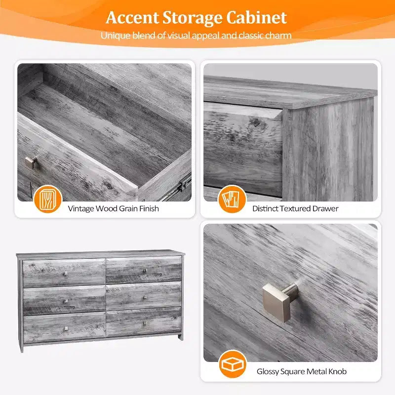 Washed Gray Dresser, 6 Drawer Dresser, 53.9 Long Dresser with Textured Drawer Front, Wood Grey Dresser Chest