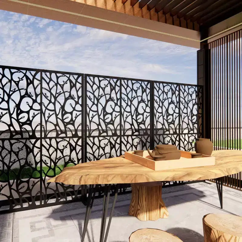 3.86Ft Black Bird Iron Privacy Screen, Freestanding Indoor Outdoor Divider