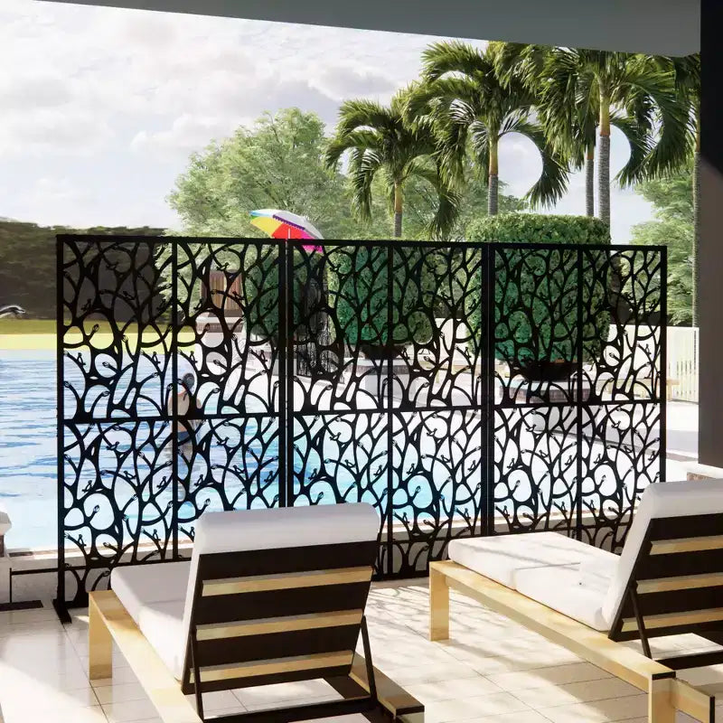 3.86Ft Black Bird Iron Privacy Screen, Freestanding Indoor Outdoor Divider