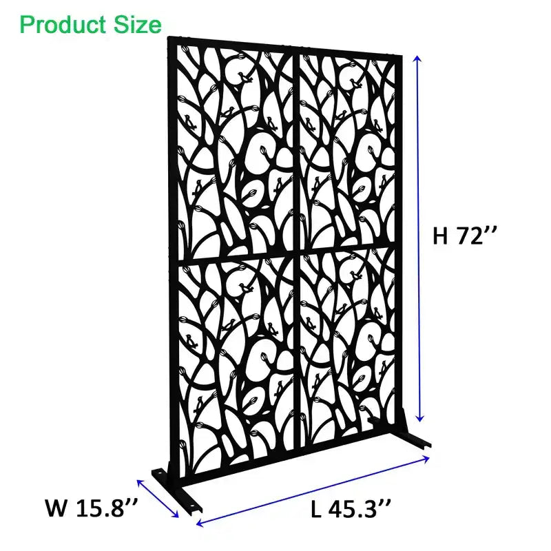 3.86Ft Black Bird Iron Privacy Screen, Freestanding Indoor Outdoor Divider