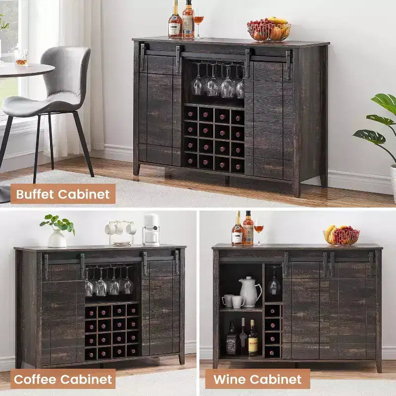 Bar Cabinet, 47 Buffet Server Sideboard with Sliding Barn Doors, Farmhouse Storage Cabinet with Adjustable Shelf for Dining Room Dark Brown