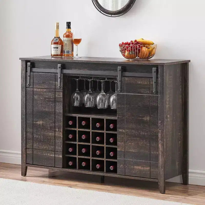 Bar Cabinet, 47 Buffet Server Sideboard with Sliding Barn Doors, Farmhouse Storage Cabinet with Adjustable Shelf for Dining Room Dark Brown