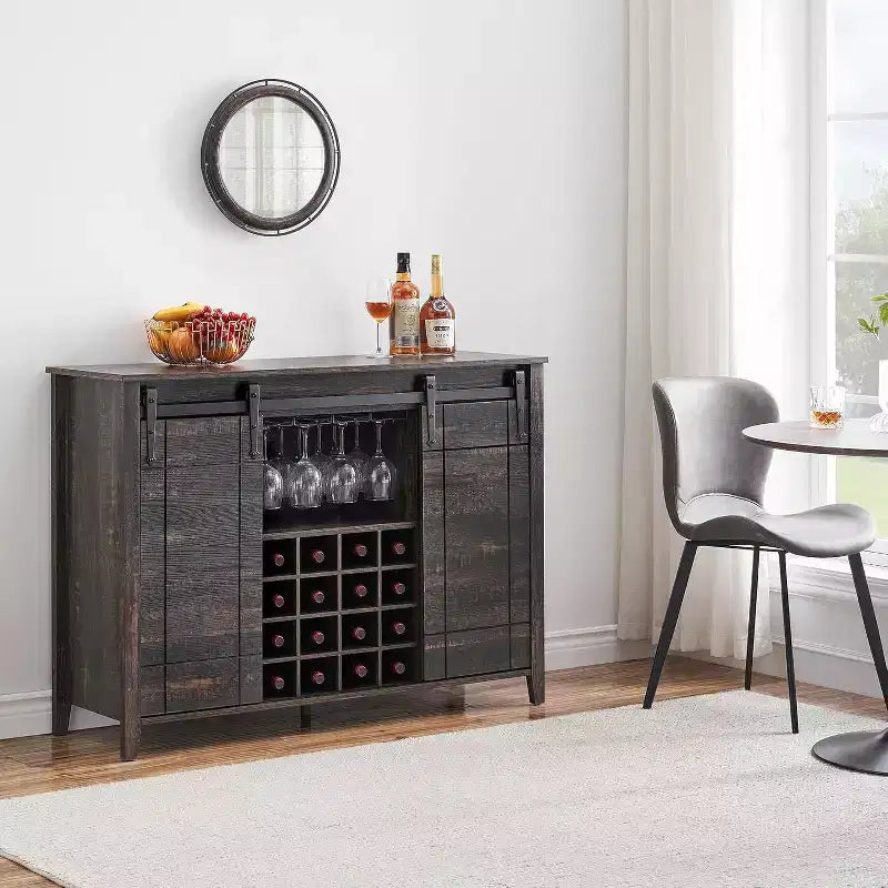 Bar Cabinet, 47 Buffet Server Sideboard with Sliding Barn Doors, Farmhouse Storage Cabinet with Adjustable Shelf for Dining Room Dark Brown
