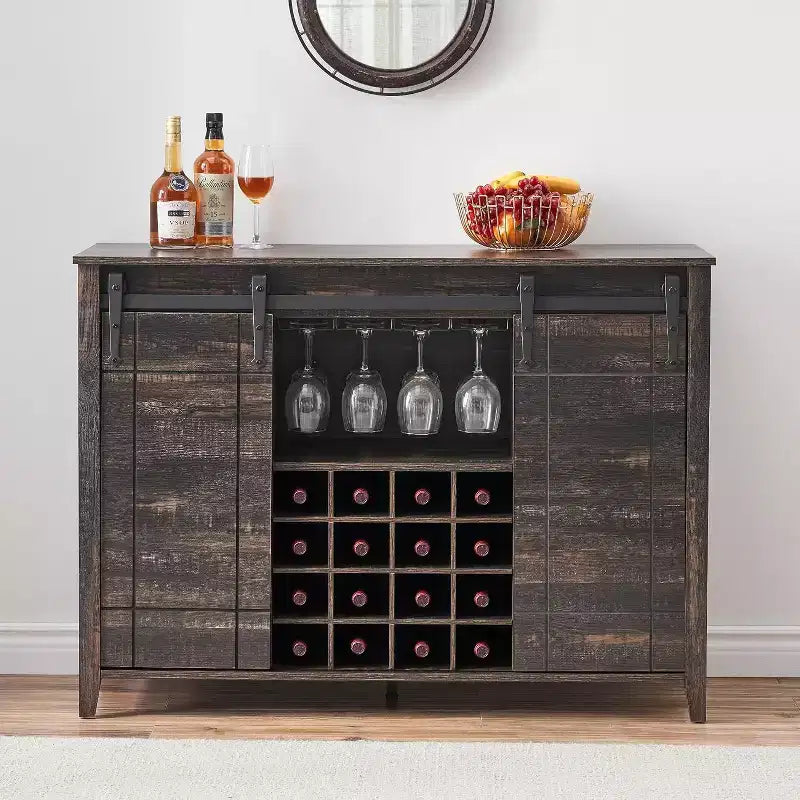 Bar Cabinet, 47 Buffet Server Sideboard with Sliding Barn Doors, Farmhouse Storage Cabinet with Adjustable Shelf for Dining Room Dark Brown