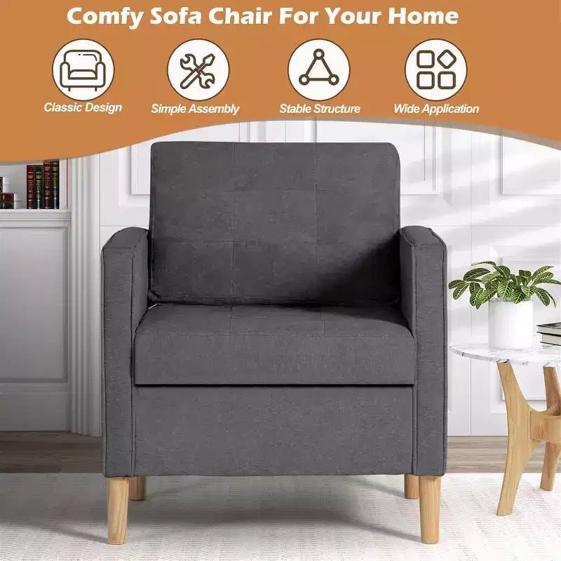 Decor Linen Comfy Round Arms Chair for Living Room, Reading Leisure Chair with High Back for Living Room Bedroom Waiting Room, Grey