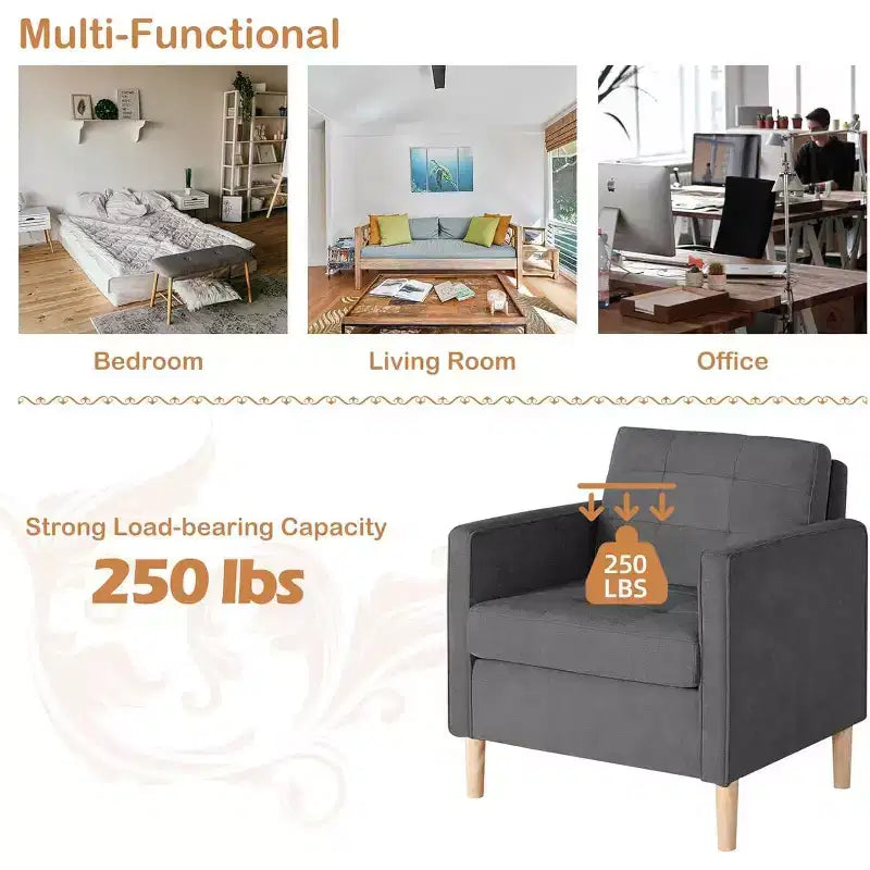 Decor Linen Comfy Round Arms Chair for Living Room, Reading Leisure Chair with High Back for Living Room Bedroom Waiting Room, Grey