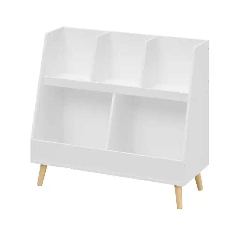 Modern Kids Bookshelf Toy Organizer, 2-Tier Storage Display Bookcase with 5 Cubbies, Open-Faced Bins, Christmas Birthday GIF